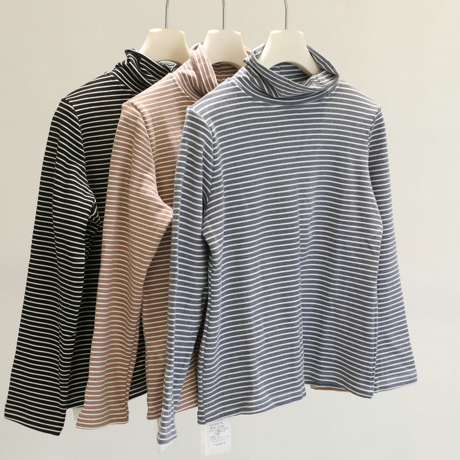 冬季内搭王！加绒条纹高领长袖T恤女堆堆领加厚打底衫上衣百搭