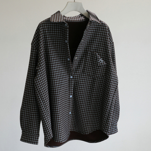 换季刚需！加绒咖色格子衬衫外套女复古百搭中长款宽松外搭衬衣