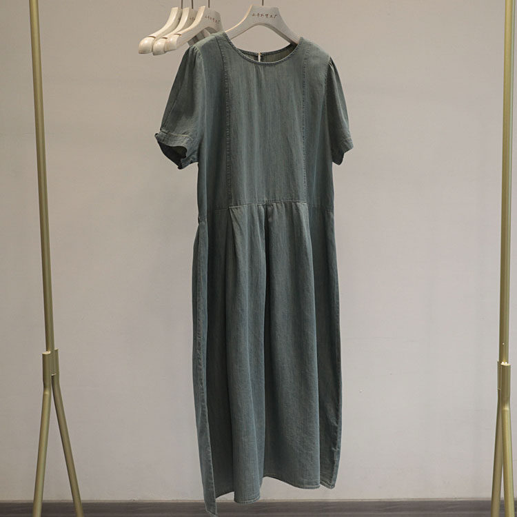 韩系小姐姐！蓝色圆领短袖牛仔连衣裙女后背排扣系带宽松休闲长裙