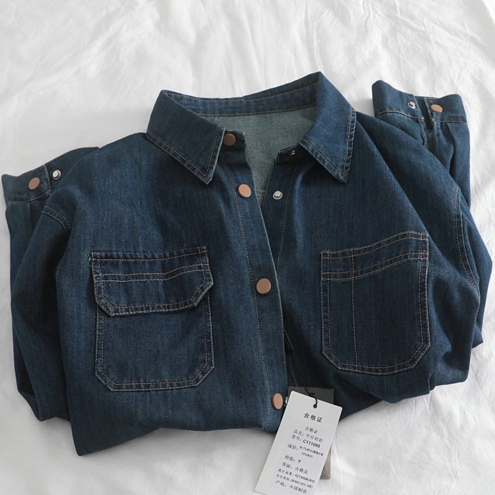 宽松通勤百搭单排扣长袖牛仔衬衫