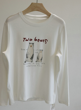 秋冬bi囤~白色字母卡通印花磨毛长袖T恤女休闲百搭打底衫内搭上衣