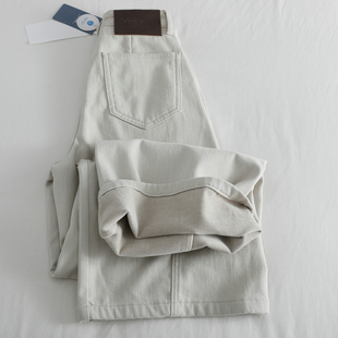 闭眼入的款!米杏色加绒植绒厚牛仔裤女秋冬新款薄绒弯刀阔腿长裤