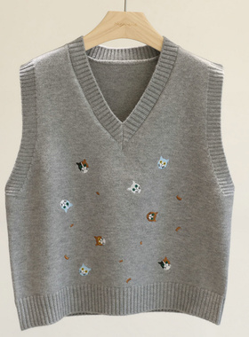 秋冬bi囤~学院风V领猫咪刺绣针织马甲女灰色无袖叠穿背心坎肩通勤