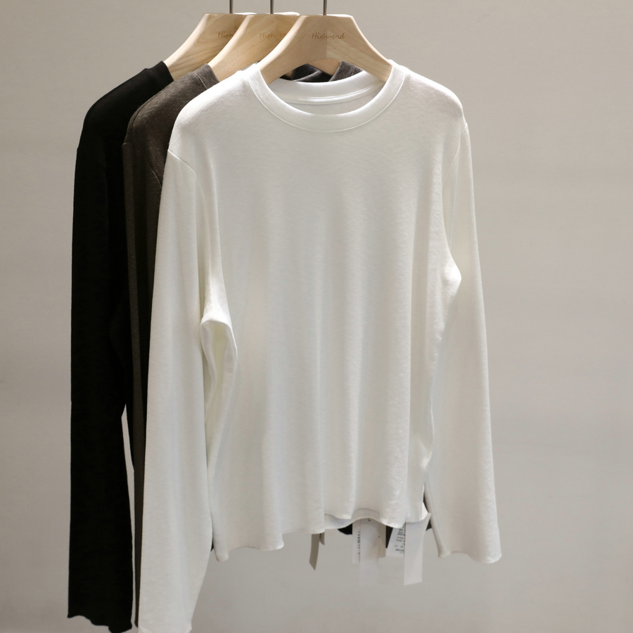 日单大厂出货！慕斯竹节毛边白色长袖T恤女休闲百搭圆领打底衫