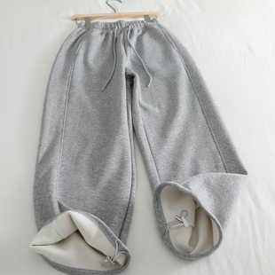 浅灰色百搭 女宽松直筒长裤 两穿卫裤 秋冬加绒保暖阔腿束脚休闲裤