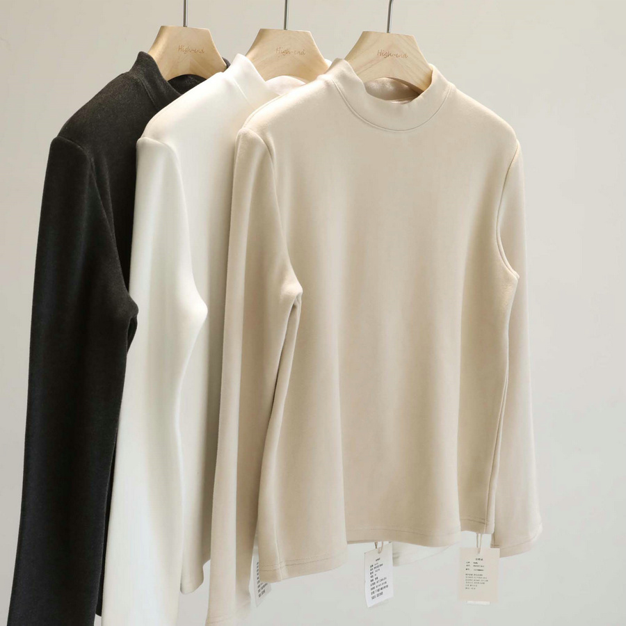 加厚双面加绒！冬季磨毛保暖打底衫女半高领纯色T恤内搭上衣