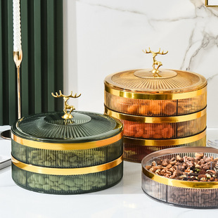 家用透明糖果盘客厅轻奢多层可叠加收纳盒过年零食坚果干果分格盘