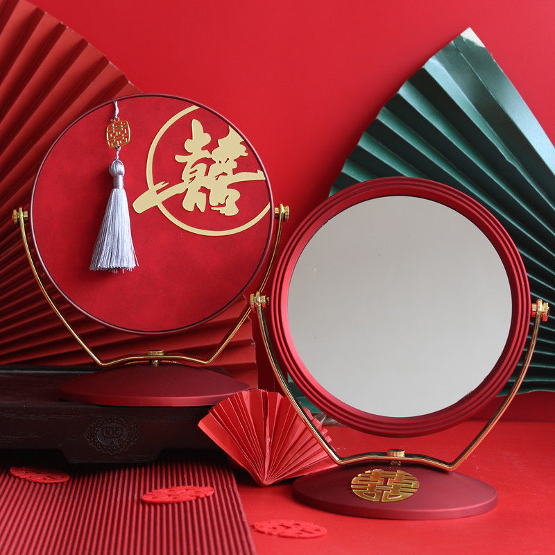 结婚镜子单面新娘红色中式复古化妆镜一对随身镜梳妆台镜女方陪嫁