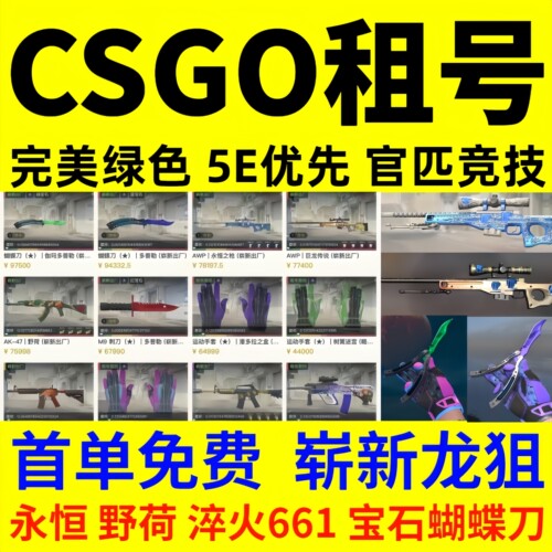 CSGO租号CS2完官匹优先竞技美5E龙狙树篱潘多拉野荷661淬火宝石刀