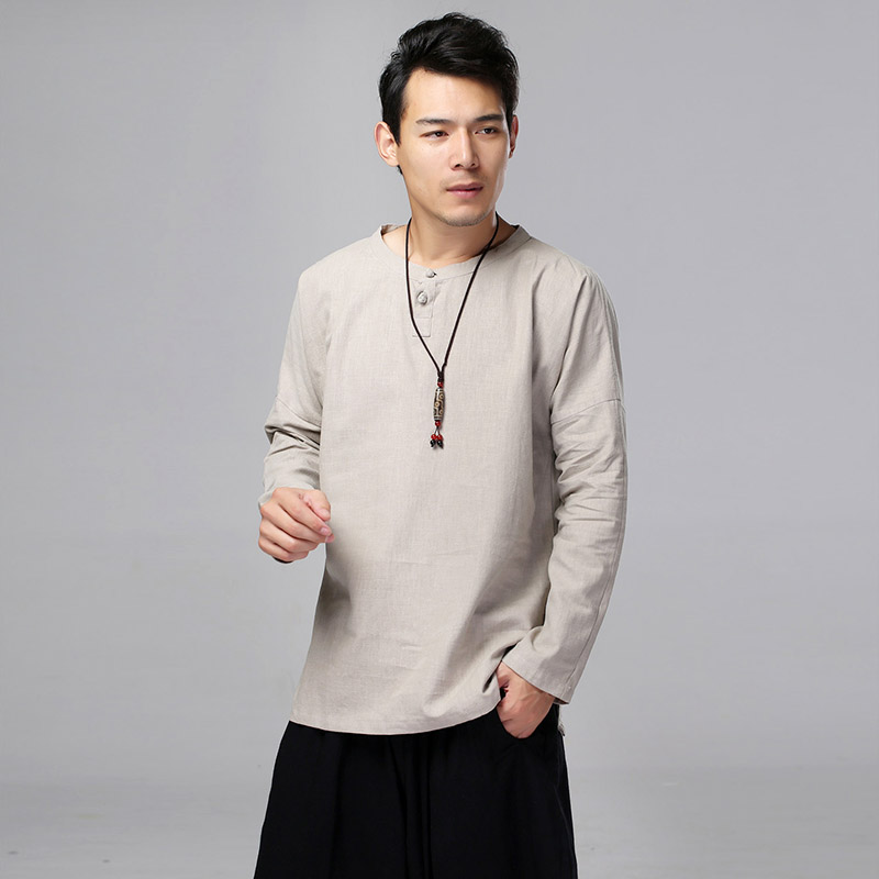 中式男装亚麻白色长袖休闲t恤棉麻春夏宽松苎麻中国风打底衫长袖