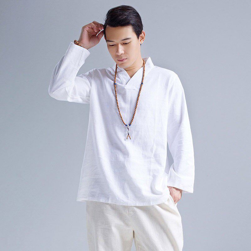 中国风亚麻汉服衬衫白色古风衬衣