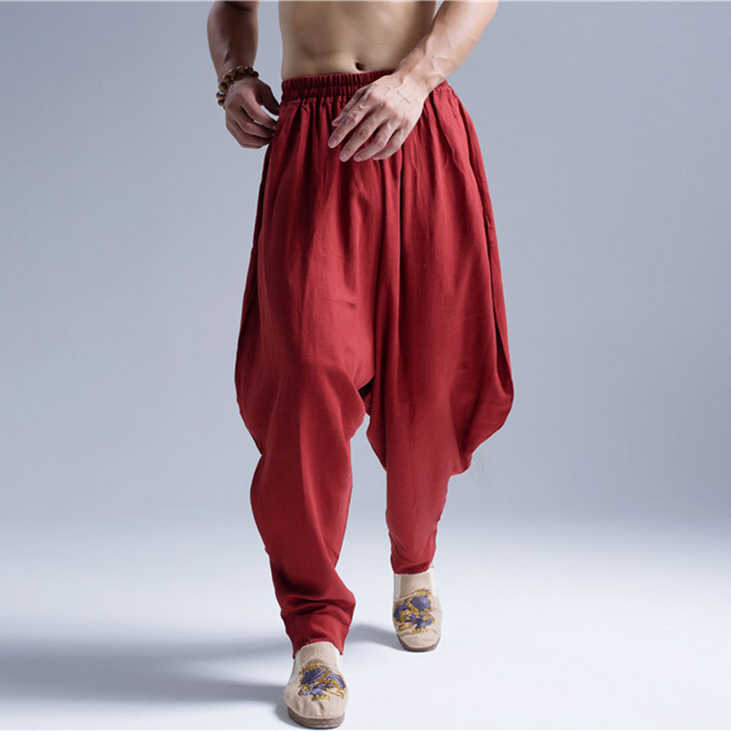 中国风亚麻阔腿长裤吊裆垮裤男潮