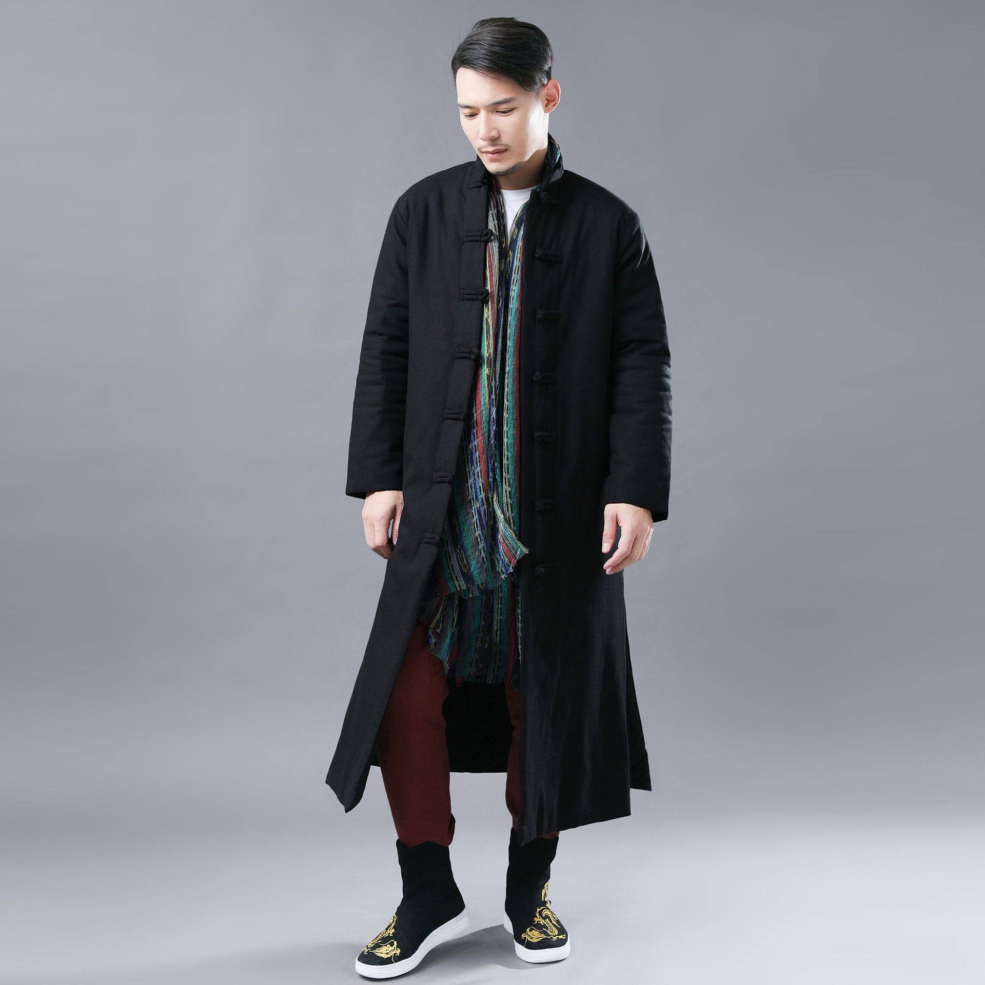 中国风亚麻棉衣加厚加长款棉