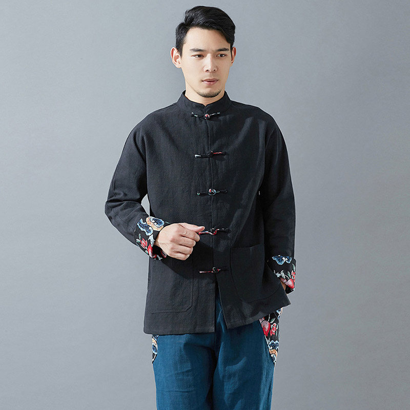 民国风男装复古秋季外套棉麻禅修服亚麻绣花唐装盘扣苎麻茶服禅服