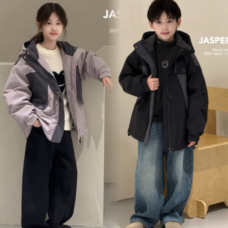 Jasper波拉韩国童装25秋冬男女童连帽加棉冲锋衣中大童棉衣外套潮