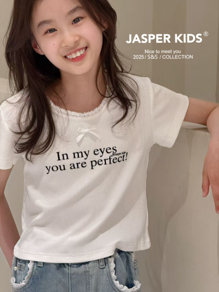 Jasper波拉韩国童装25春儿童韩版短袖T恤中大童蕾丝边打底上衣潮