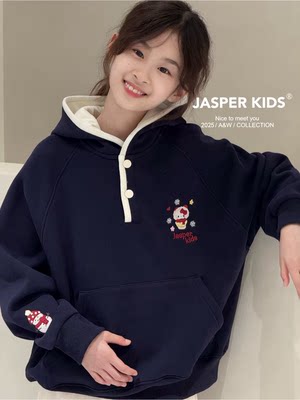 Jasper波拉韩国童装2025冬儿童一体绒雪人卫衣韩版中大童连帽衫潮