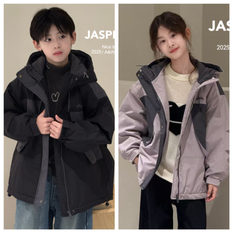 Jasper波拉韩国童装2025冬装男童女童夹棉冲锋衣外套中大童棉服潮