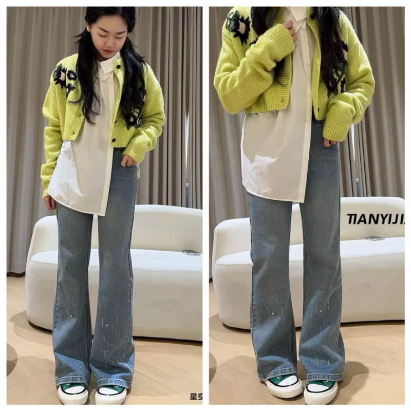 天依角2026春季新品女童烫钻牛仔喇叭裤中大童韩版洋气女孩休闲裤