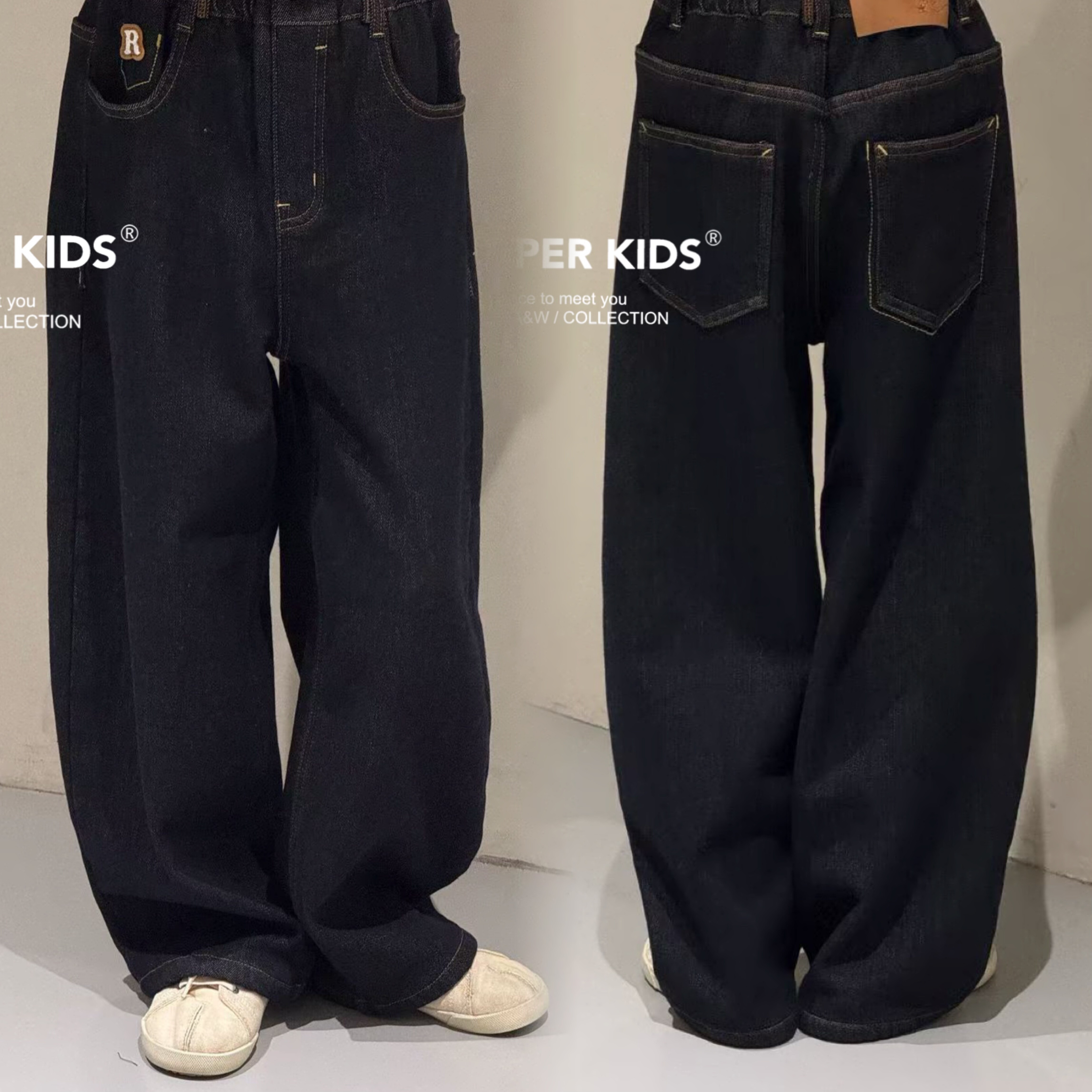 Jasper波拉韩国童装2025冬款男女童一体绒牛仔裤中大童直筒裤亲子