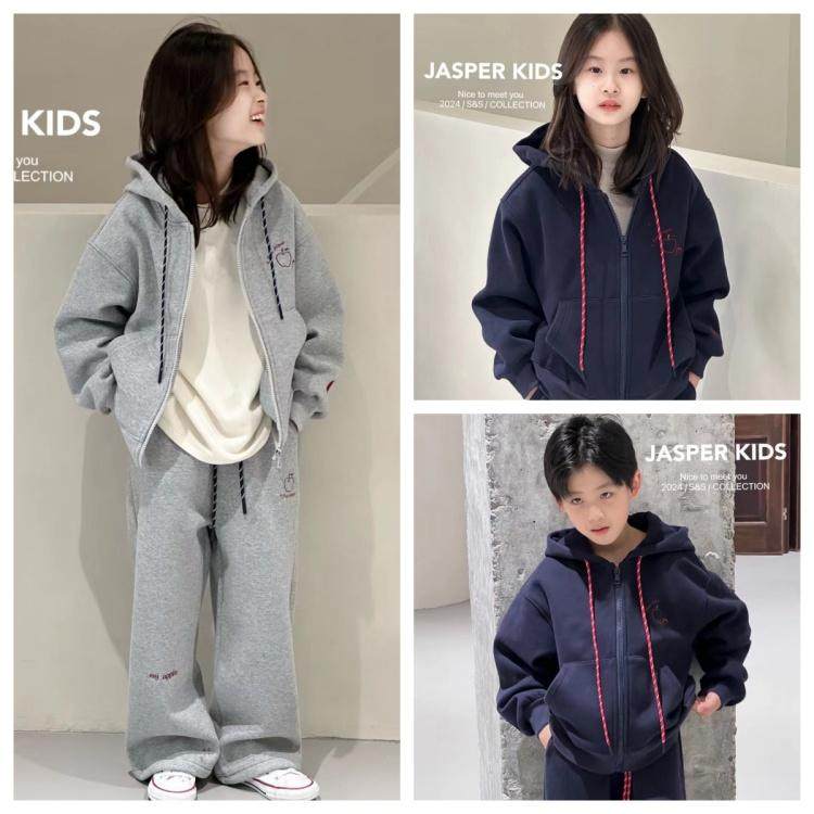 现货Jasper波拉韩国童装2024冬款男女童套装一体绒外套韩版直筒裤