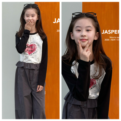 Jasper波拉韩国童装2026秋女童长袖T恤中大童韩版爱心打底衫上衣