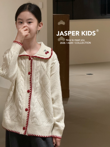 Jasper波拉韩国童装26秋冬女童韩版翻领羊毛开衫毛衣韩版针织外套