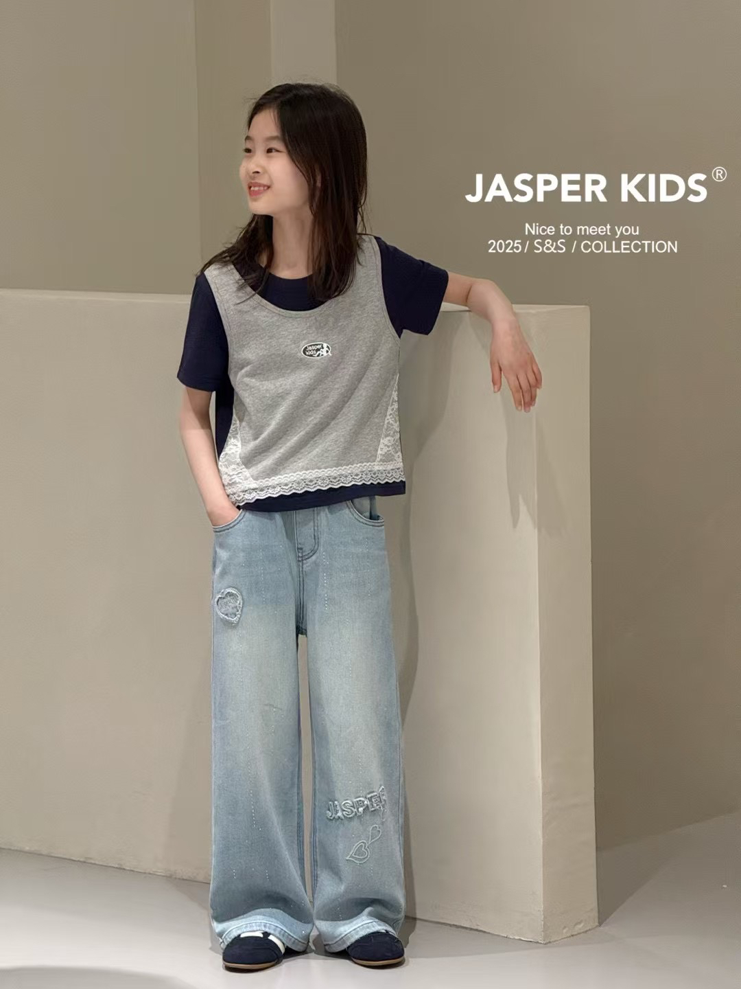 Jasper波拉韩国童装25夏款韩版女童短袖假两件T恤中大童上衣亲子