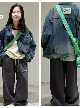 一问EVENSO韩国波拉童装2024秋款男女童牛仔外套中大童T恤亲子装