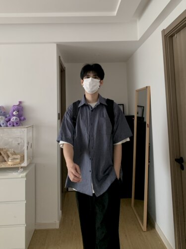 OKHAO 自制情侣复古蓝色格子短袖衬衫宽松叠穿外套