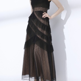 奢华尽在2025新款女装黑色蕾丝拼接吊带连衣裙女长款裙子礼服晚装