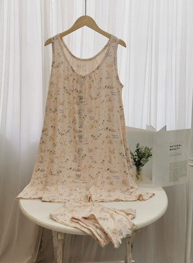 GP外贸原单日系小动物甜美背心连衣睡裙弹力棉质家居服睡衣套装