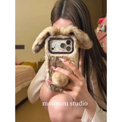 INS兔子耳朵Civi5pro/4/3毛绒手机壳Turbo4Pro/3适用12s小米15/13Ultra/k90/K80/k70红米Note14/13pro+虎纹12