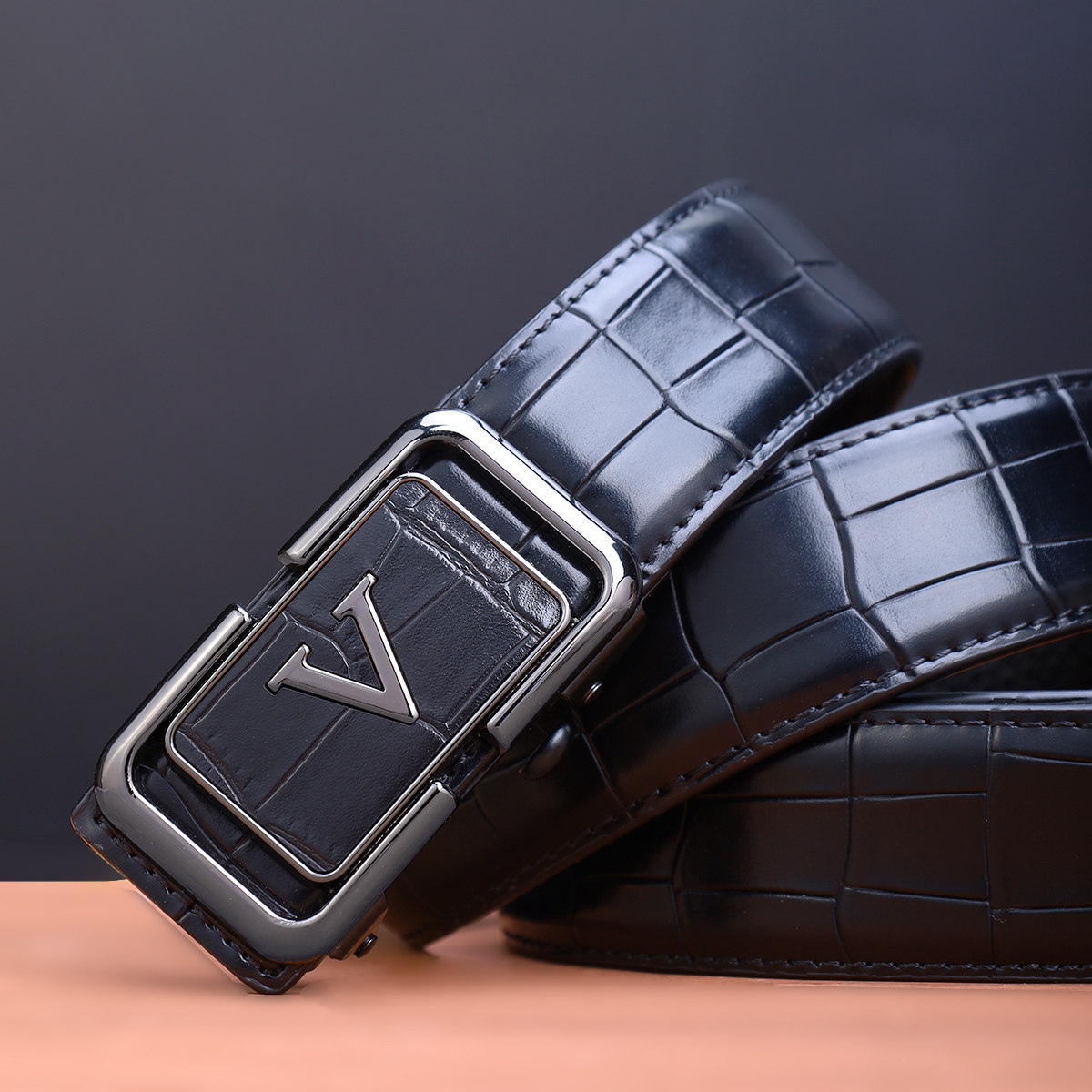 埃德尼保罗男士真皮鳄鱼纹皮带