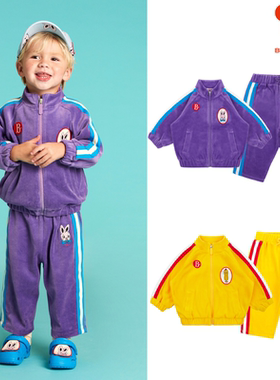 (现货)BEBEDEPINO/贝贝品诺23春款男女儿童丝绒拉链外套长裤套装