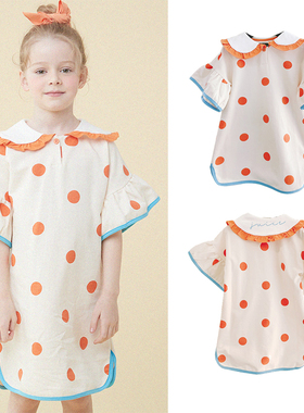 (现货)韩国RoanJane 2021夏款米色荷叶袖领橘色圆点短袖连衣裙