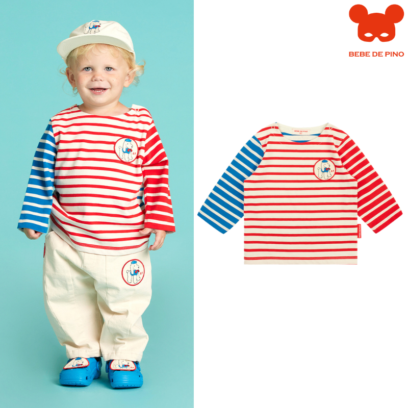BEBEDEPINO纯棉圆领条纹长袖T恤