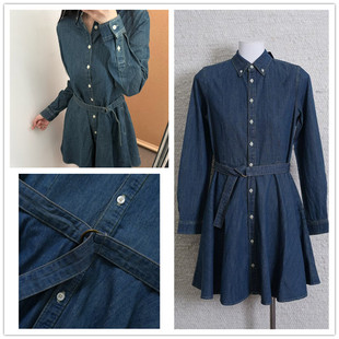 元~春季女大童牛仔风长袖衬衫连衣裙女收腰系带纽扣裙蓝色显瘦裙