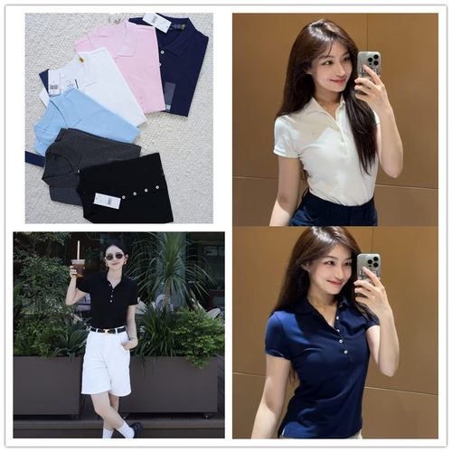 外贸Y女款五粒扣珠地棉短袖POLO衫夏季女士百搭修身翻领洋气上衣