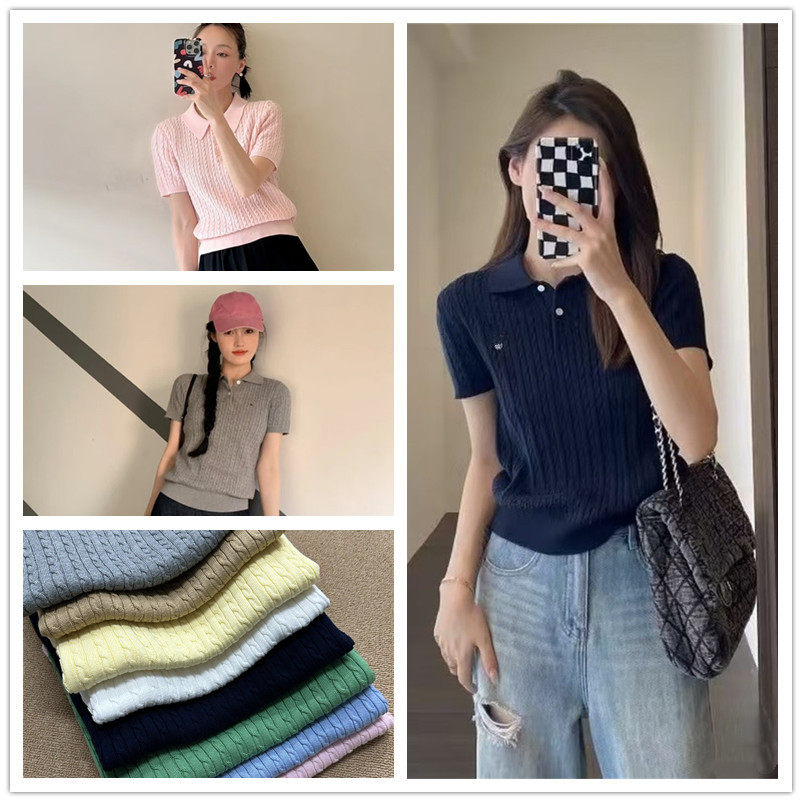 外贸Y~早春女装小麻花短袖纯棉翻领针织衫R女士套头透气薄款毛衣
