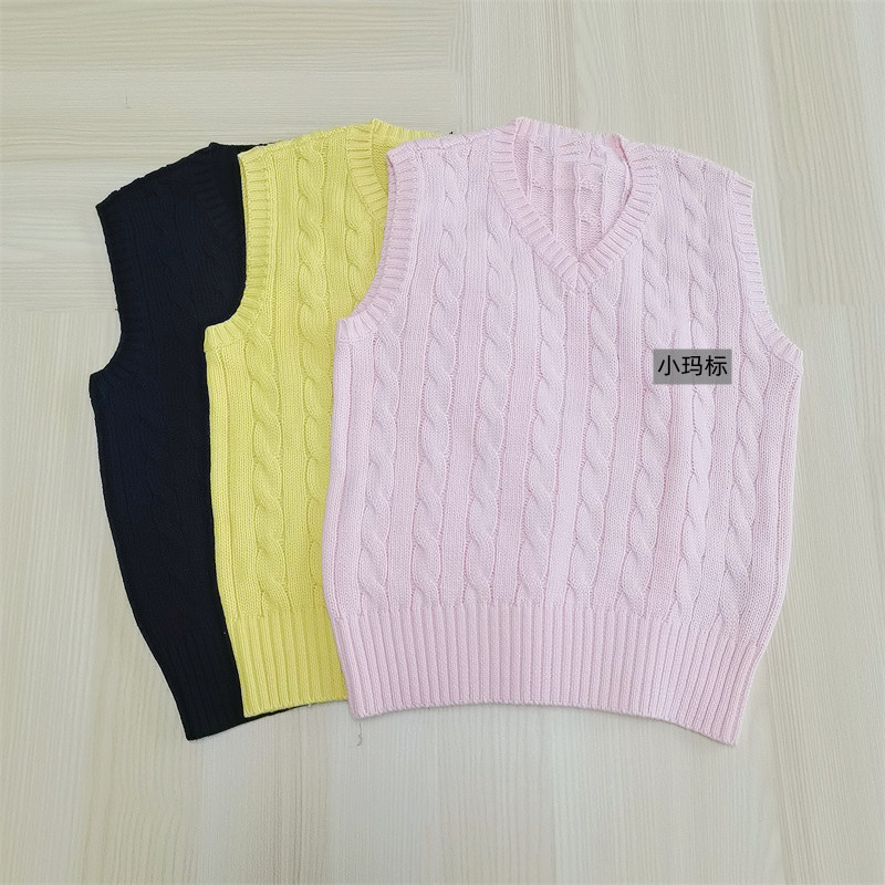 秋冬季男女孩纯棉麻花编织V领针织衫马甲中大儿童无袖套头毛衣