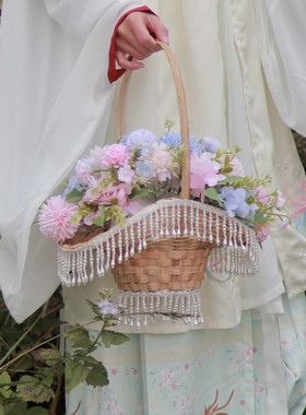 汉服摄影道具花篮古风舞蹈拍摄花篮魏晋风田园小花篮直播竹编小篮
