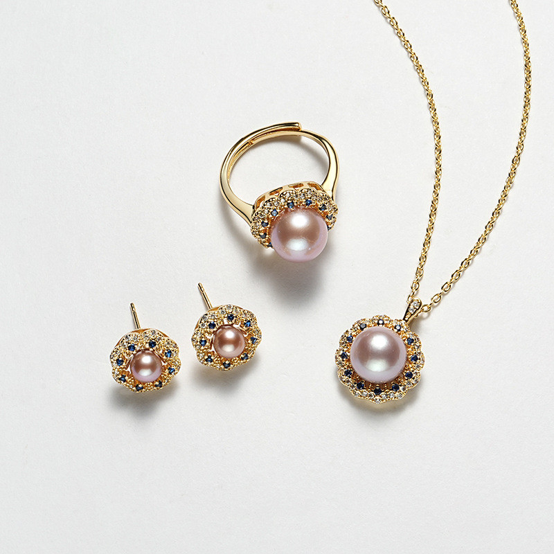 天然淡水紫珍珠耳环项链戒指套装