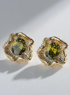 925银针时尚气质绿色不规则耳钉女短款锁骨链简约荷叶戒指韩国版