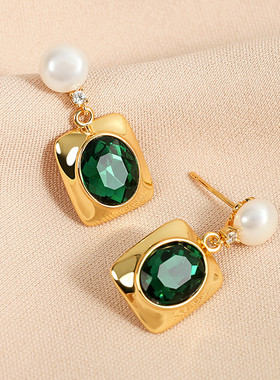 925银针几何吊坠淡水珍珠耳钉 绿色人造水晶气质耳环网红简约耳饰