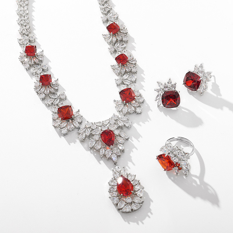 时尚气质红色镶锆项链耳环戒指三