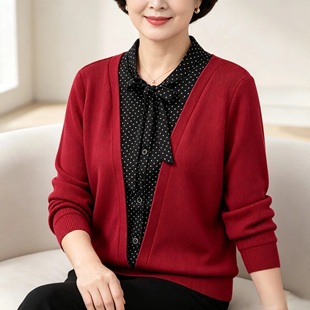 妈妈装波点假两件长袖2026春秋新款中老年女红上衣宽松飘带衬衫