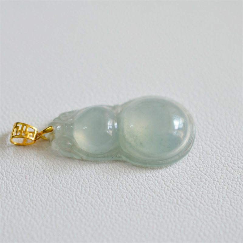 A货天然翡翠玉18k金扣头冰种葫芦吊坠福禄双全