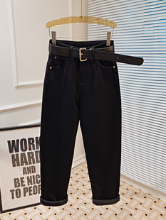 老爹裤女款2023新款秋冬加绒加厚哈伦牛仔裤小个子直筒裤黑色裤子