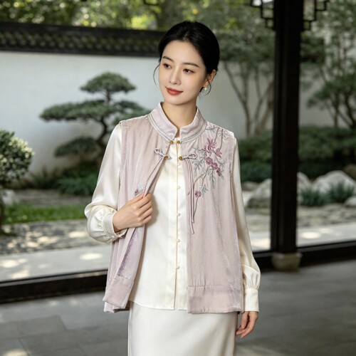 新中式桑蚕丝绒花卉刺绣马甲女